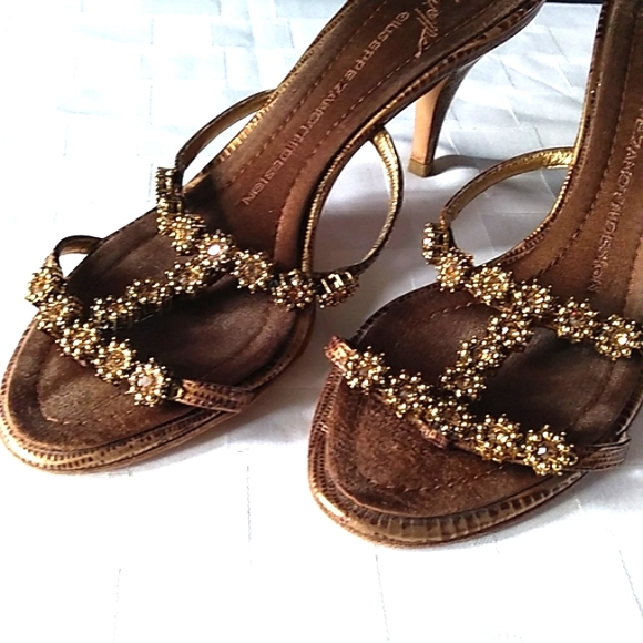 RARE Giuseppe Zanotti Topaz Jeweled Metallic Leather Kitten Heel Sandals VINTAGE - Picture 15 of 16